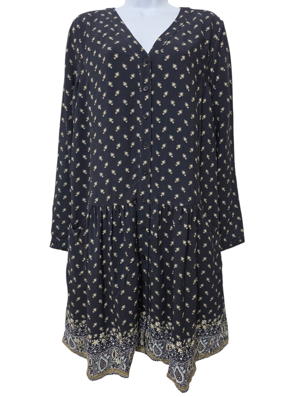 Garnet Hill | Ditsy Floral Drop Waist Button Front Boho Shirt Dress